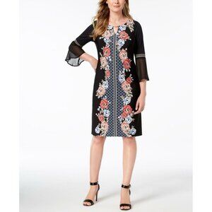 Black Floral Print Embellished Shift Dress Bell Sleeves Size 2X 18 20 Plus Size